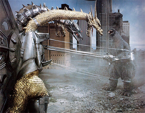 Godzilla chiến đấu với đối thủ truyền kiếp rồng ba đầu King Ghidorah trong phim “Godzilla vs King Ghidorah” (1991). Ảnh: Tom Simpson