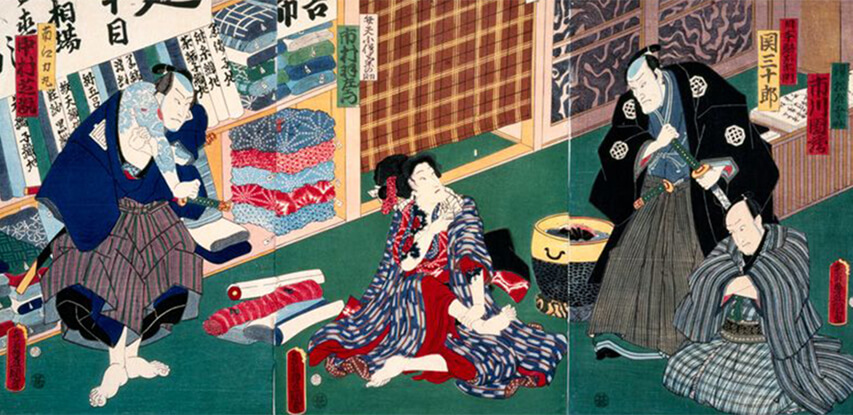 Một cảnh trong vở Kabuki “Aoto zoushi hana no nishiki-e” vẽ bởi Utagawa Kunisada. Ảnh: nippon.com