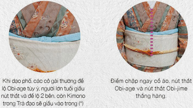 Khi dạo phố, các cô gái thường để lộ Obi-age tùy ý, người lớn tuổi giấu nút thắng và để lộ 2 bên, còn Kimono trong Trà đạo sẽ giấu vào trong. Điểm chập ngay cổ áo, nút thắt Obi-age và nút thắt Obi-jime thẳng hàng.