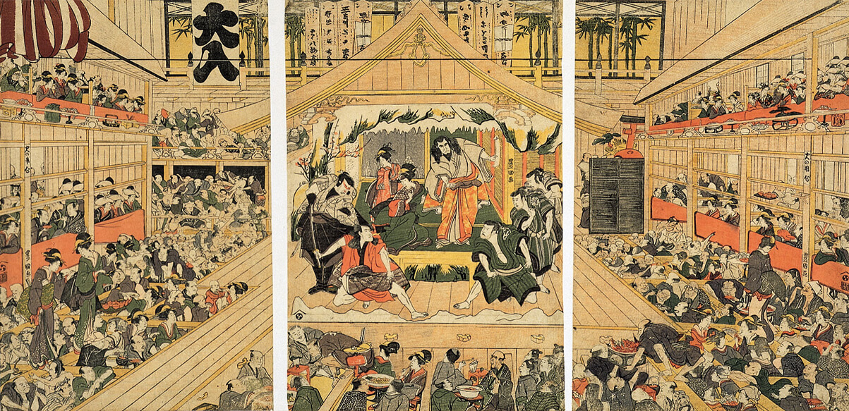 Bức họa trên gỗ của nghệ nhân Utagawa Toyokuni mô tả khung cảnh nhà hát Kabuki.