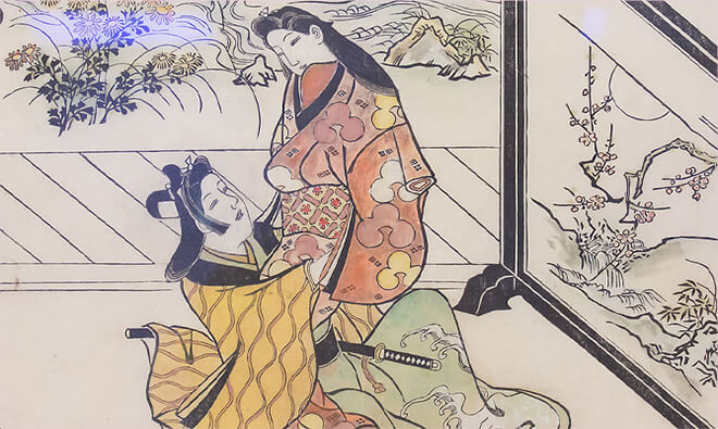 Tranh vẽ Wakashu và một gái điếm của họa sĩ Hishikawa Moronobu.