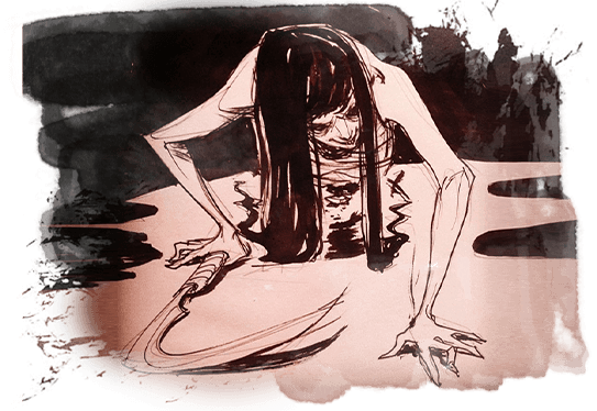 Ma nữ không chân Teke Teke có  mái tóc dài, đen và phần thân đẫm máu. Ảnh: world-of-darkest-truth