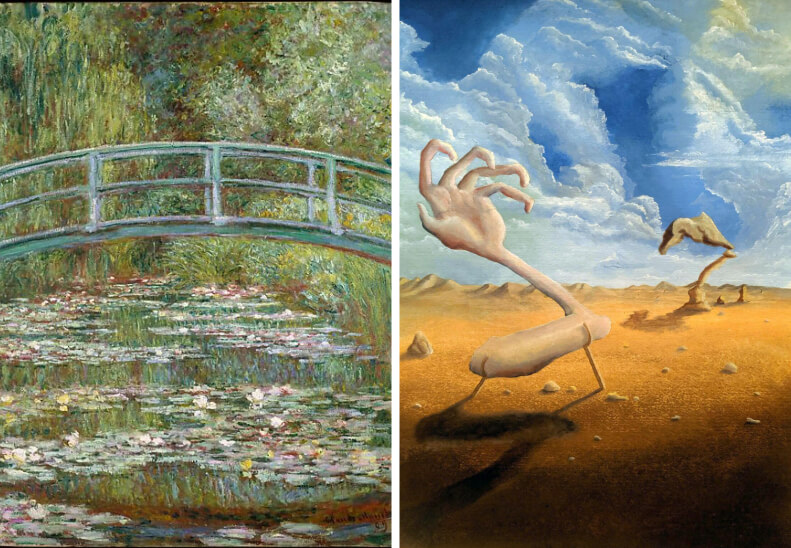Tranh của Claude Monet và Salvador Dalí, hai đại diện của trường phái Ấn tượng và Siêu thực.