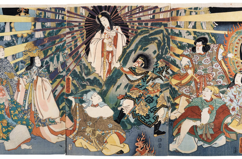 Tranh vẽ cảnh Nữ thần Amaterasu rời khỏi hang. Tranh vẽ cảnh Nữ thần Amaterasu rời khỏi hang.