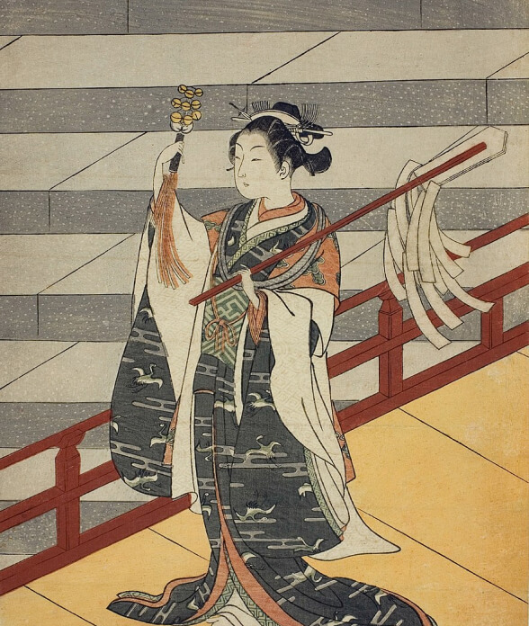 Tranh vẽ người múa điệu Kagura của Suzuki Harunobu, năm 1766. Tranh vẽ người múa điệu Kagura của Suzuki Harunobu, năm 1766.