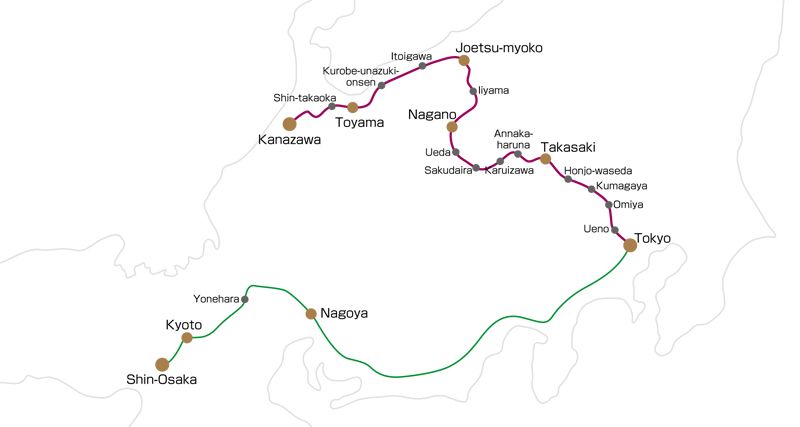 bản đồ lộ trình của tàu Hokuriku Shinkansen