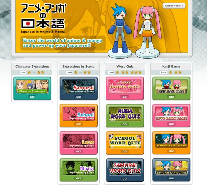 Trang web học tiếng Nhật thích hợp với những bạn yêu thích Manga và Anime khi được học tiếng Nhật qua game và câu đố từ các nhân vật anime được xây dựng trong web.