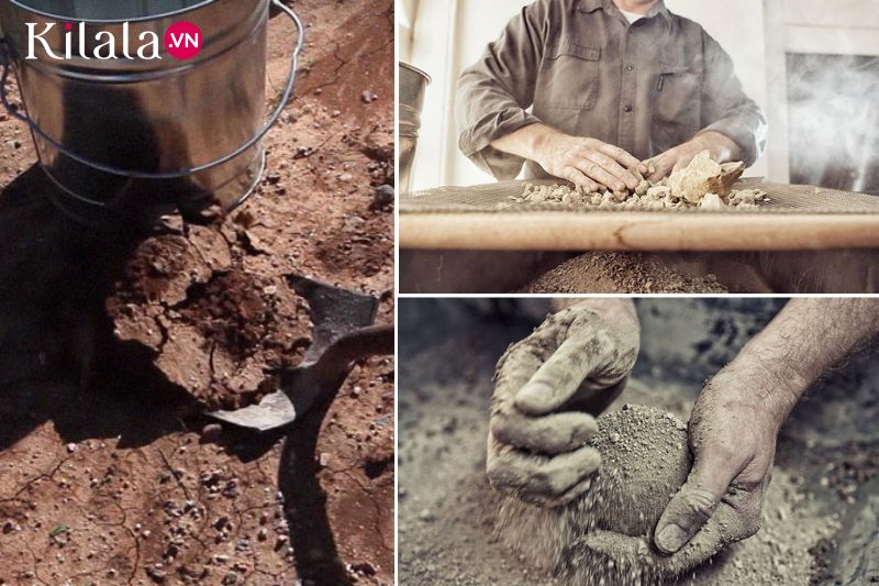 Quá trình tạo ra quả cầu bùn: thu thập đất, sàng lọc cho đất mịn hơn, trộn đất với nước và nhào nặn qua-trinh-lam-ra-qua-cau-bun