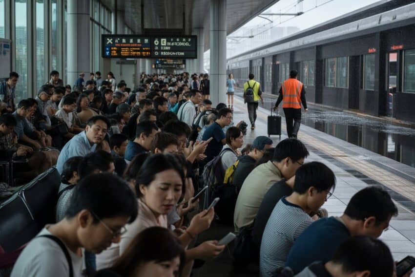 du khách mắc kẹt ở ga tàu do mưa bão ở nhật 1
